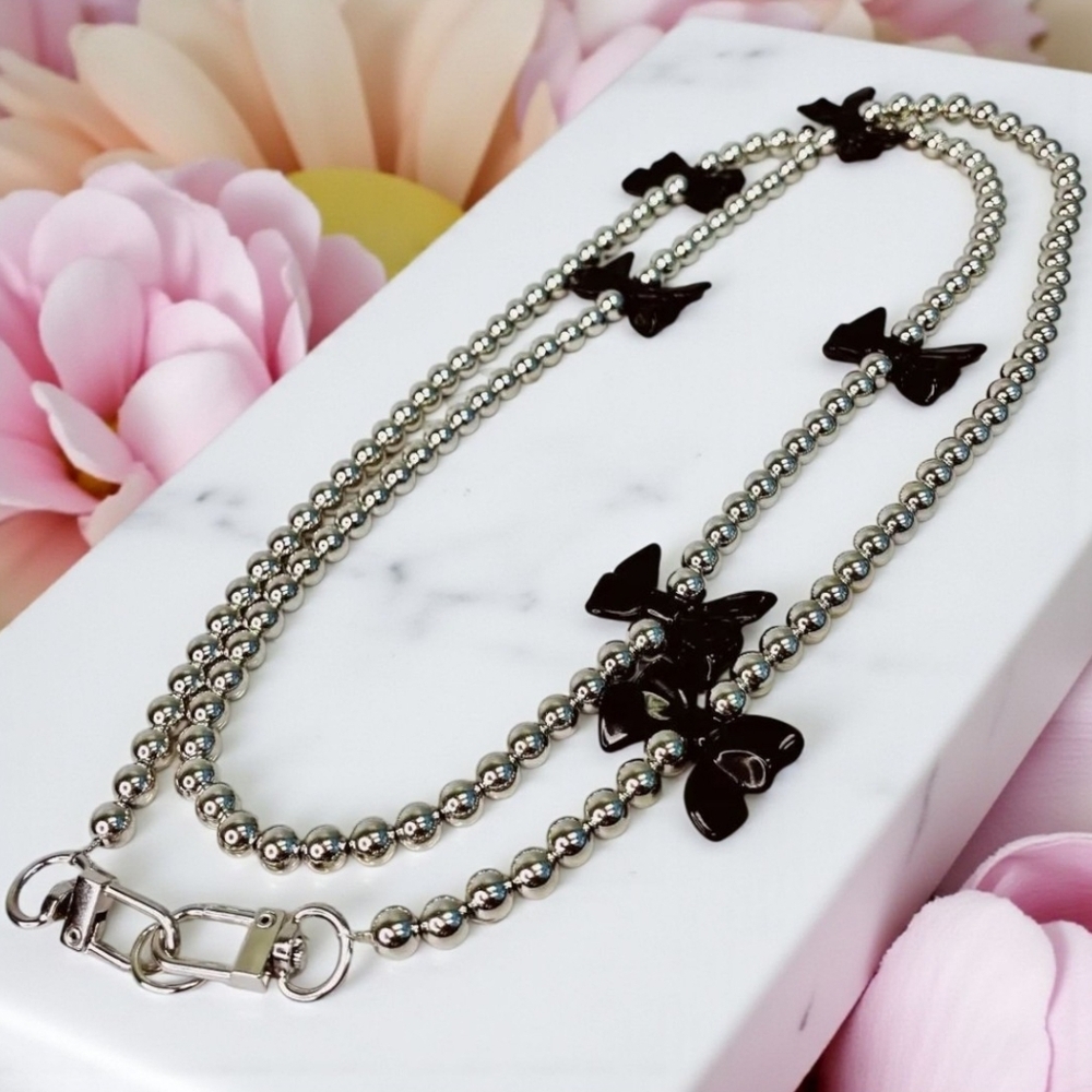 Silver Phone Lanyard With Black Bows